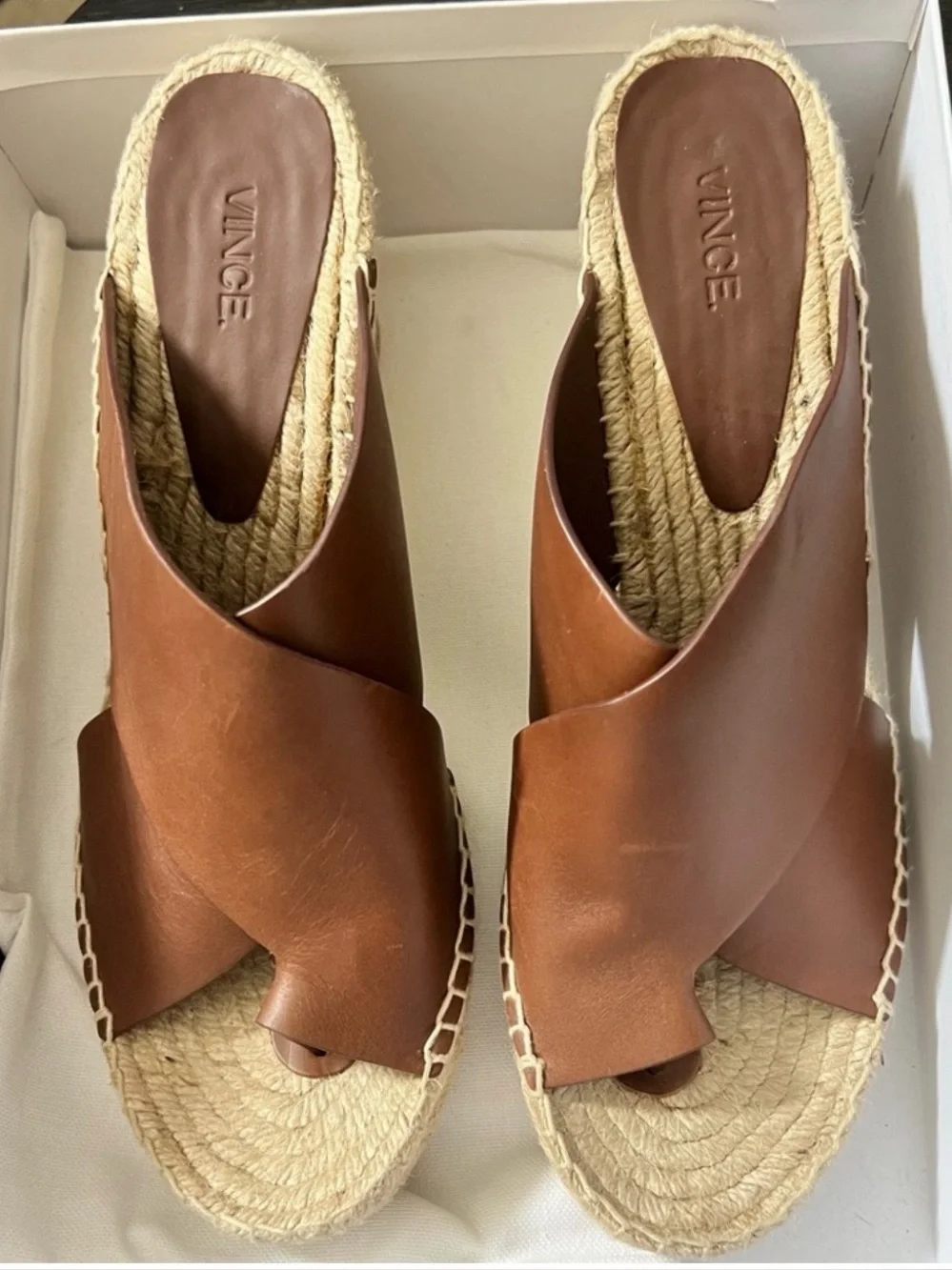 NEW VINCE SURAYA BROWN Whiskey LEATHER Wedge Heels Espadrille Shoes Sandal Sz 10